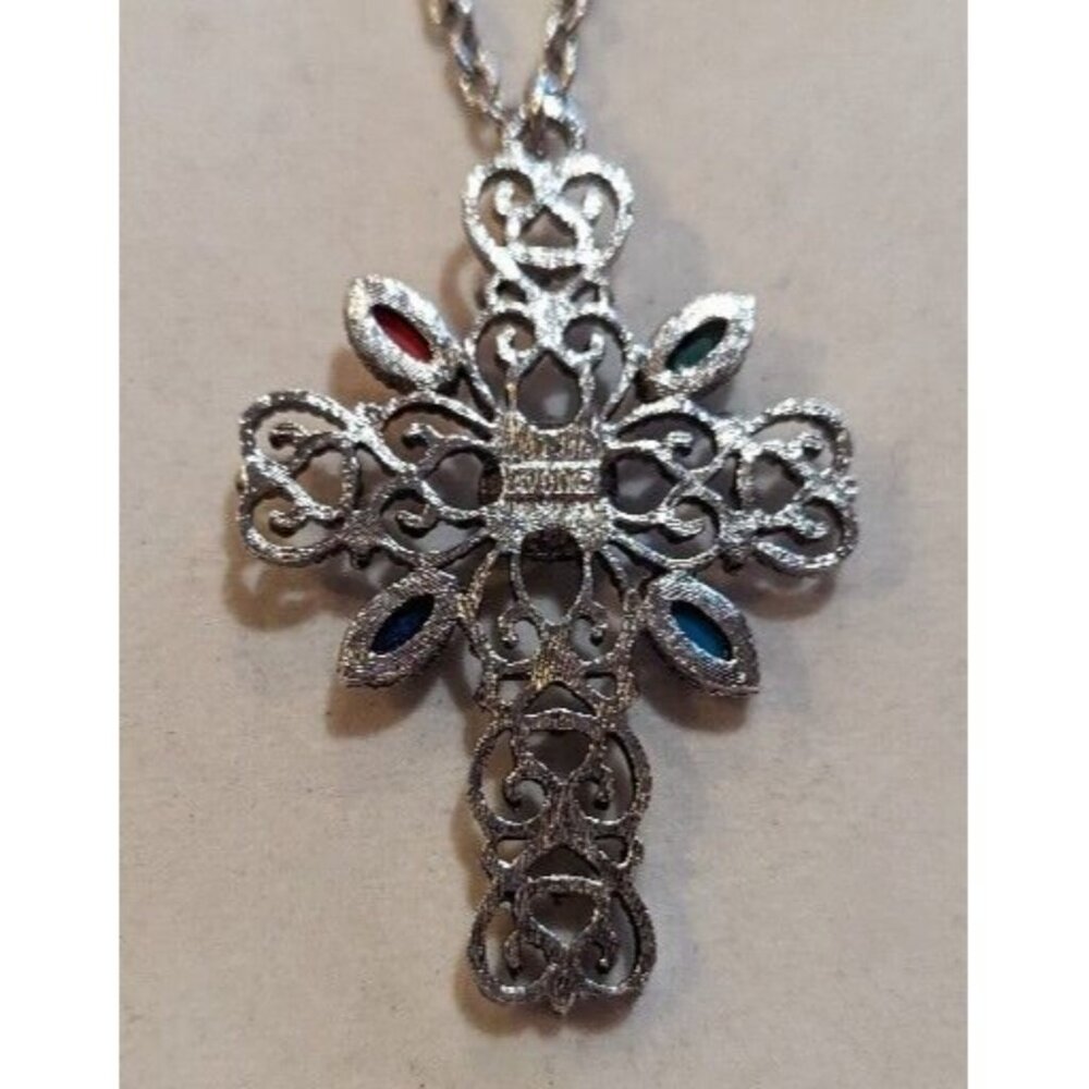 Vintage Estate Large Avon Silver Tone Cabochon Cross Pendant Necklace 24" - Picture 6 of 8